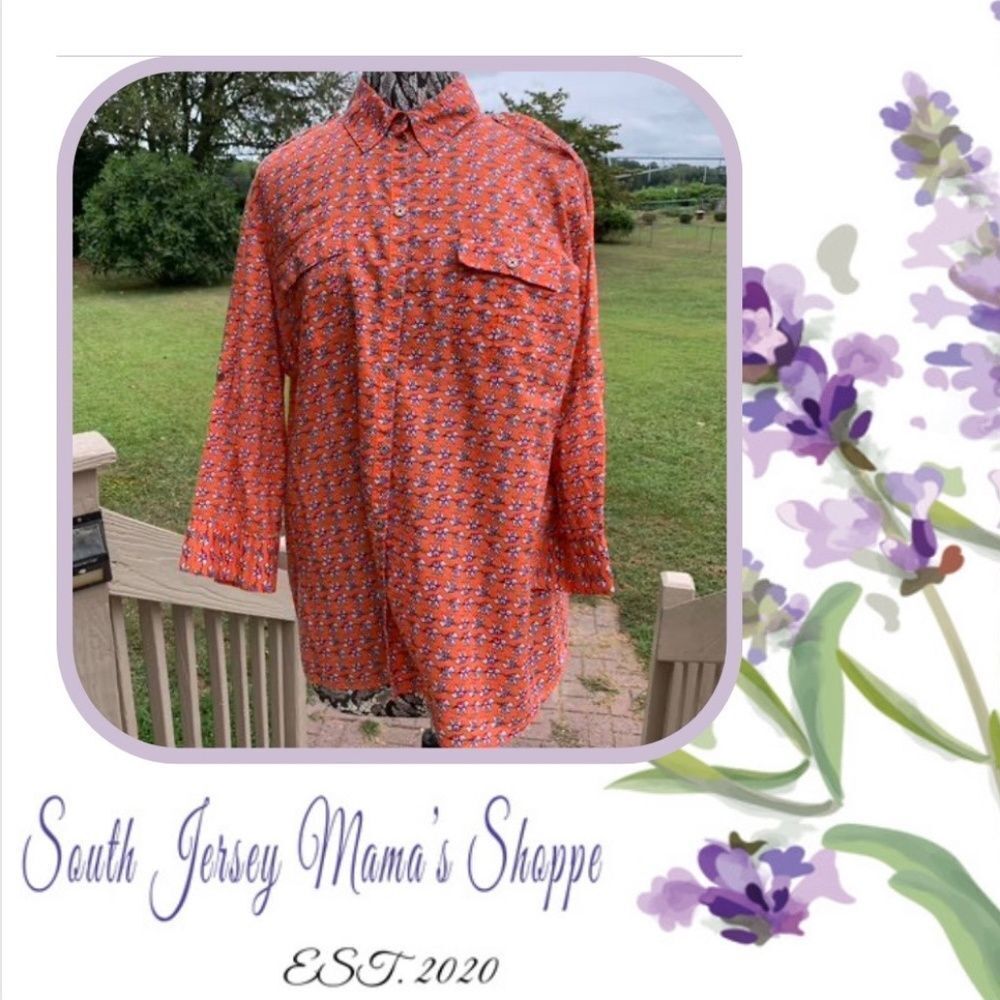 Vintage 1990s Size XL Jacklyn Smith Blouse Orange With White Elephants (C198)